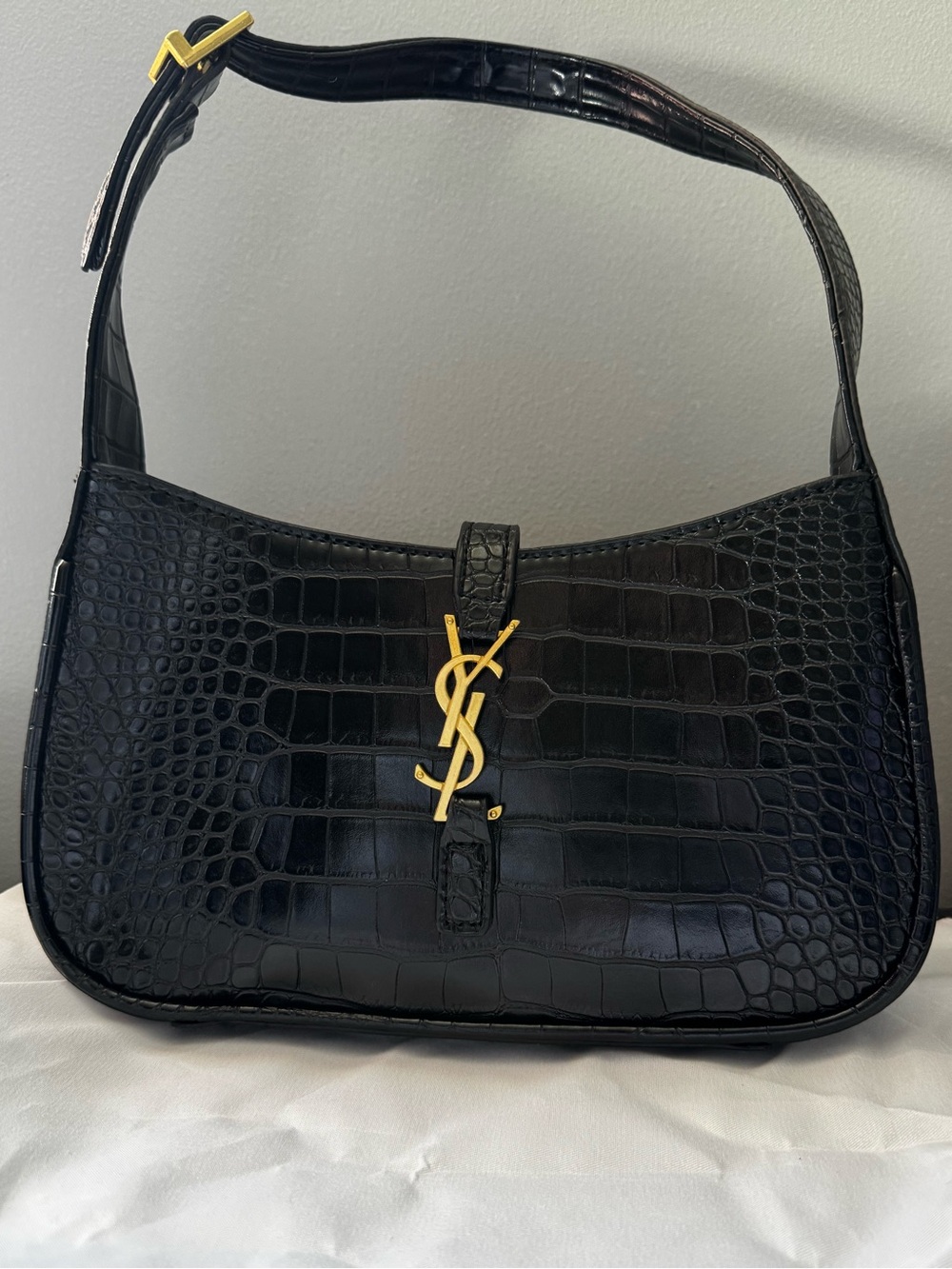 Saint Laurent Black Croc-Embossed Shoulder Bag with Gold YSL Logo